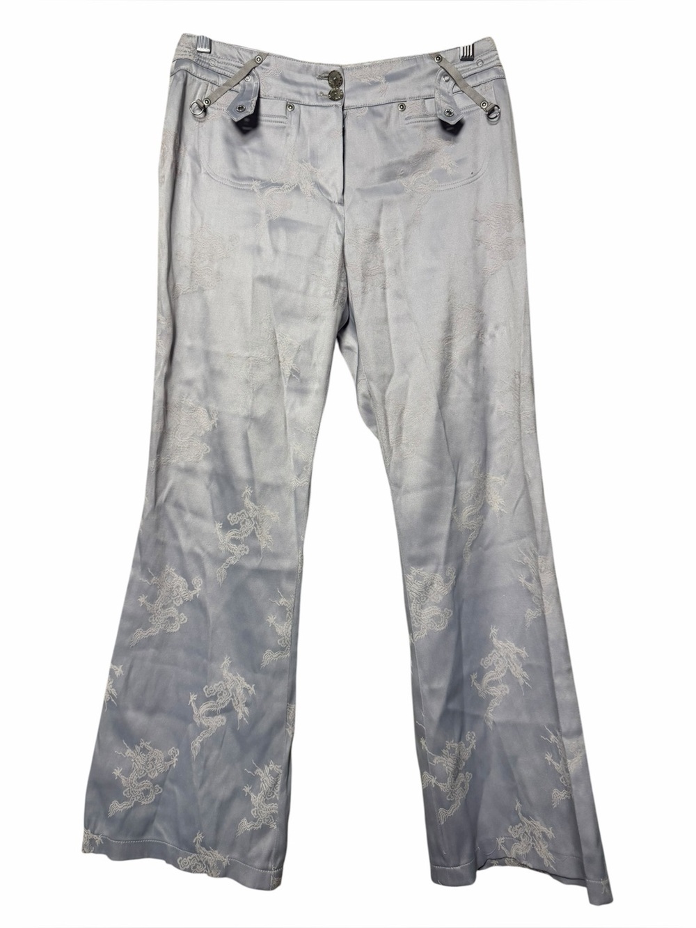 Vintage Red Card Silver Satin Dragon Flare Pants Y2K Asian Brocade Size Large